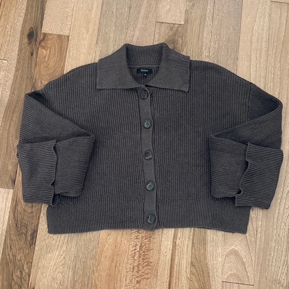 Quince 100% cotton cropped collared fisherman cardigan sweater chocolate brown M